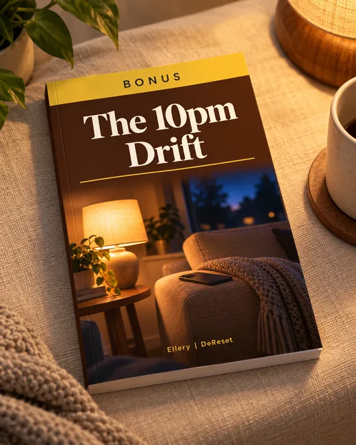 The bonus guide The 10pm Drift, lying on a linen throw in lamp light.