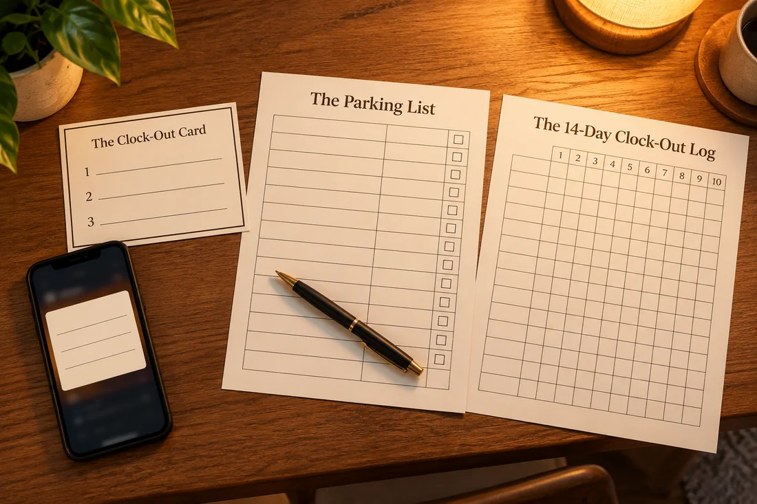 The Clock-Out Card, the Parking List and the 14-Day Clock-Out Log printed on a wooden table, with a pen and a phone showing the card.
